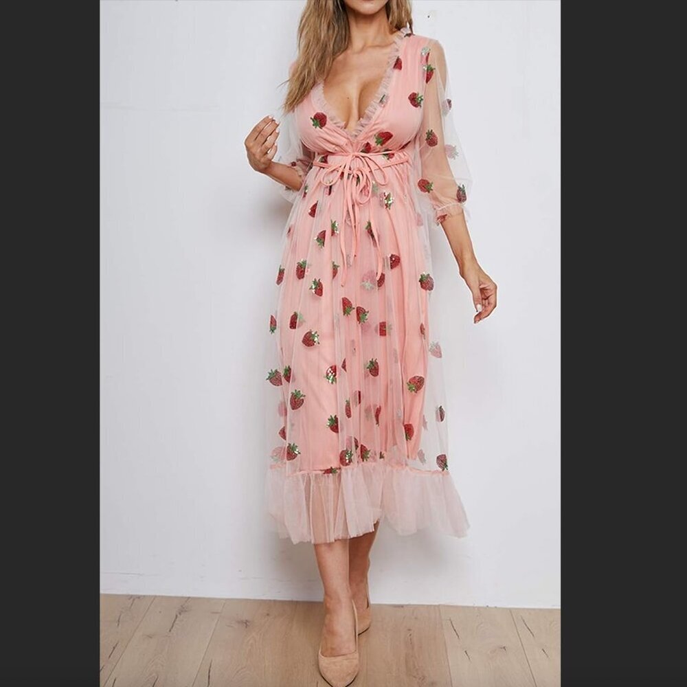 Pink Tulle Strawberry Sequin Embroidered Long Sleeve Midi Dress Size S/M